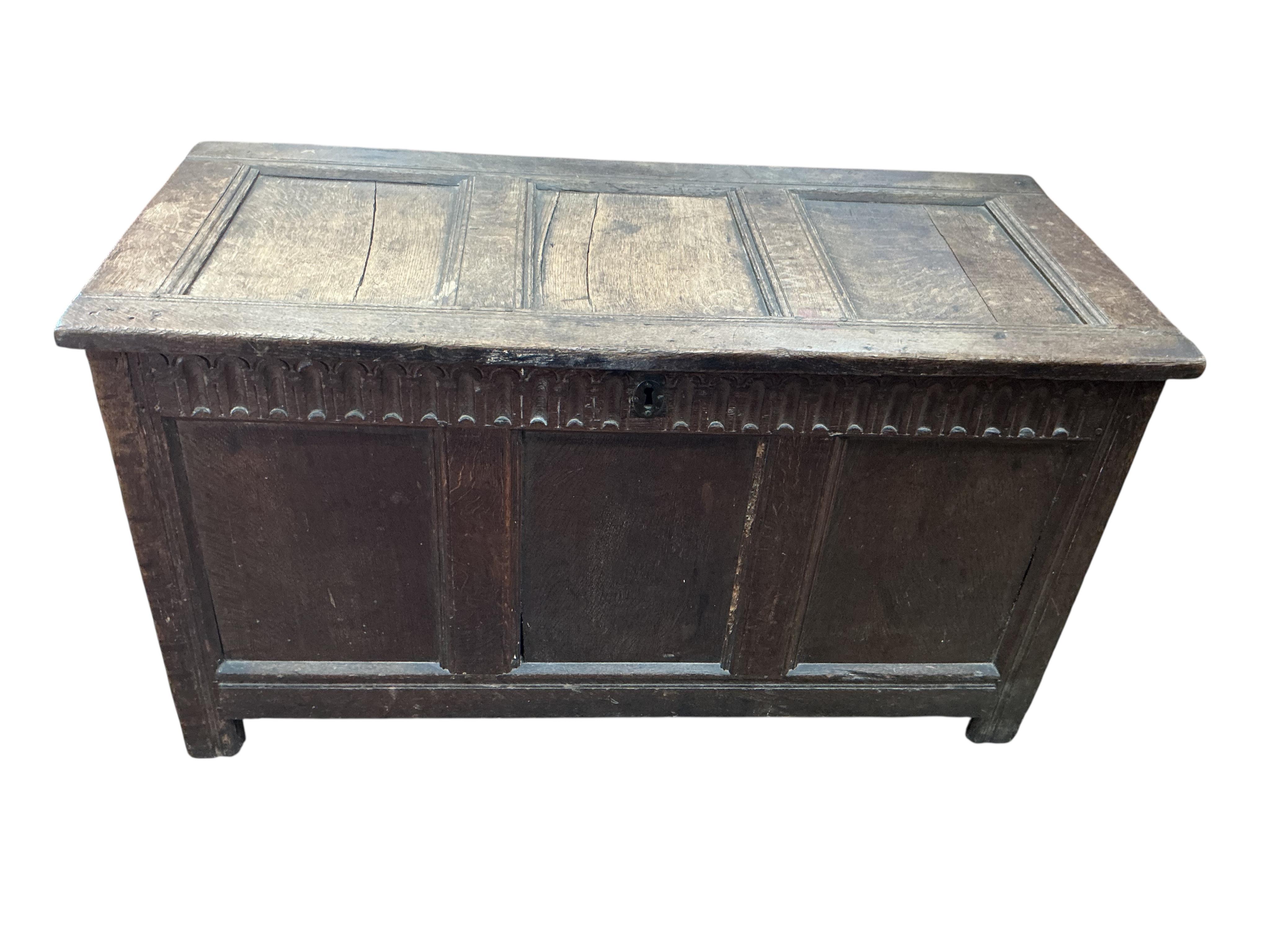 An 18th century panelled oak coffer, width 117cm, depth 54cm, height 64cm